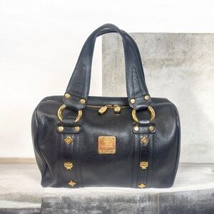 MCM Black Leather Boston Bag – Gold Hardware – Red Interior